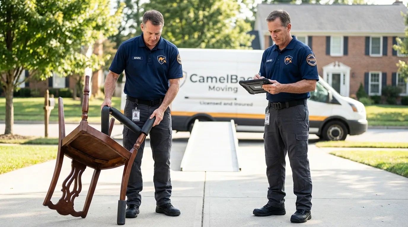 Movers inspecting furniture for damage prevention before loading in Herscher, IL