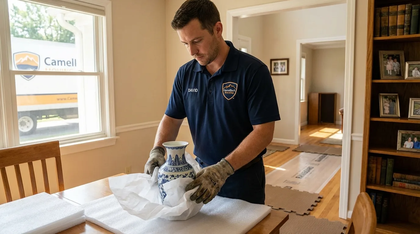 Professional crew carefully wrapping antique vase for senior downsizing move in Herscher, IL